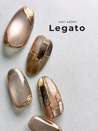 秋カラーのブラウンとゴールドを組み合わせたブロッキングネイルデザイン｜nail salon Legato